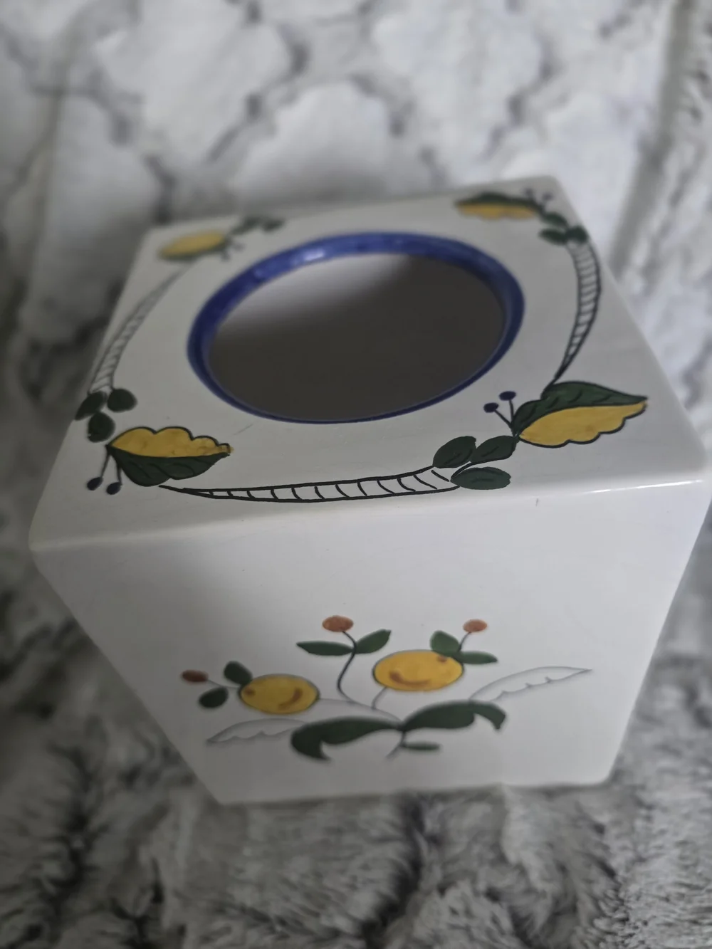 Hand-Painted Lemons Ceramic Tissue Box Cover Portugal Chip, Crazing, Crack